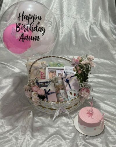 The Grand Wardrobe & Keepsake luxury hamper featuring lawn suit cake balloon custom glass tumbler tote bag journal and jewelry box from J's Store