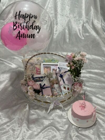 The Grand Wardrobe & Keepsake luxury hamper featuring lawn suit cake balloon custom glass tumbler tote bag journal and jewelry box from J's Store