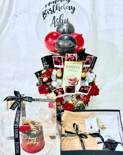 The Royal Crimson Suite mega gift hamper featuring floral cash bouquet Godiva chocolates bobo balloon branded polos and acrylic box cake from J's Store
