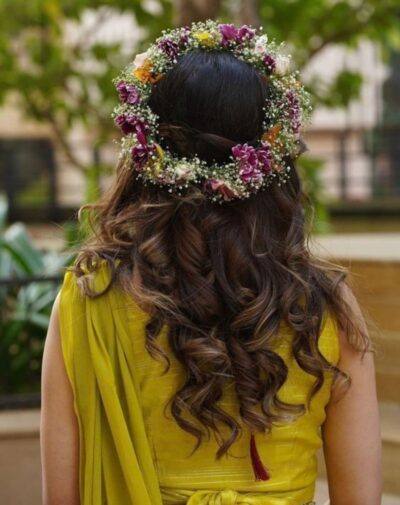 Wedding Blossom Tiara flower crown featuring magenta chrysanthemums pink roses and baby's breath from J's Store